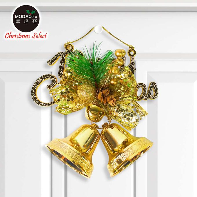 MODACore 摩達客 - 摩達客台製精緻6吋聖誕快樂英文字牌雙鐘吊飾-燦金系（歐美外銷人氣品）