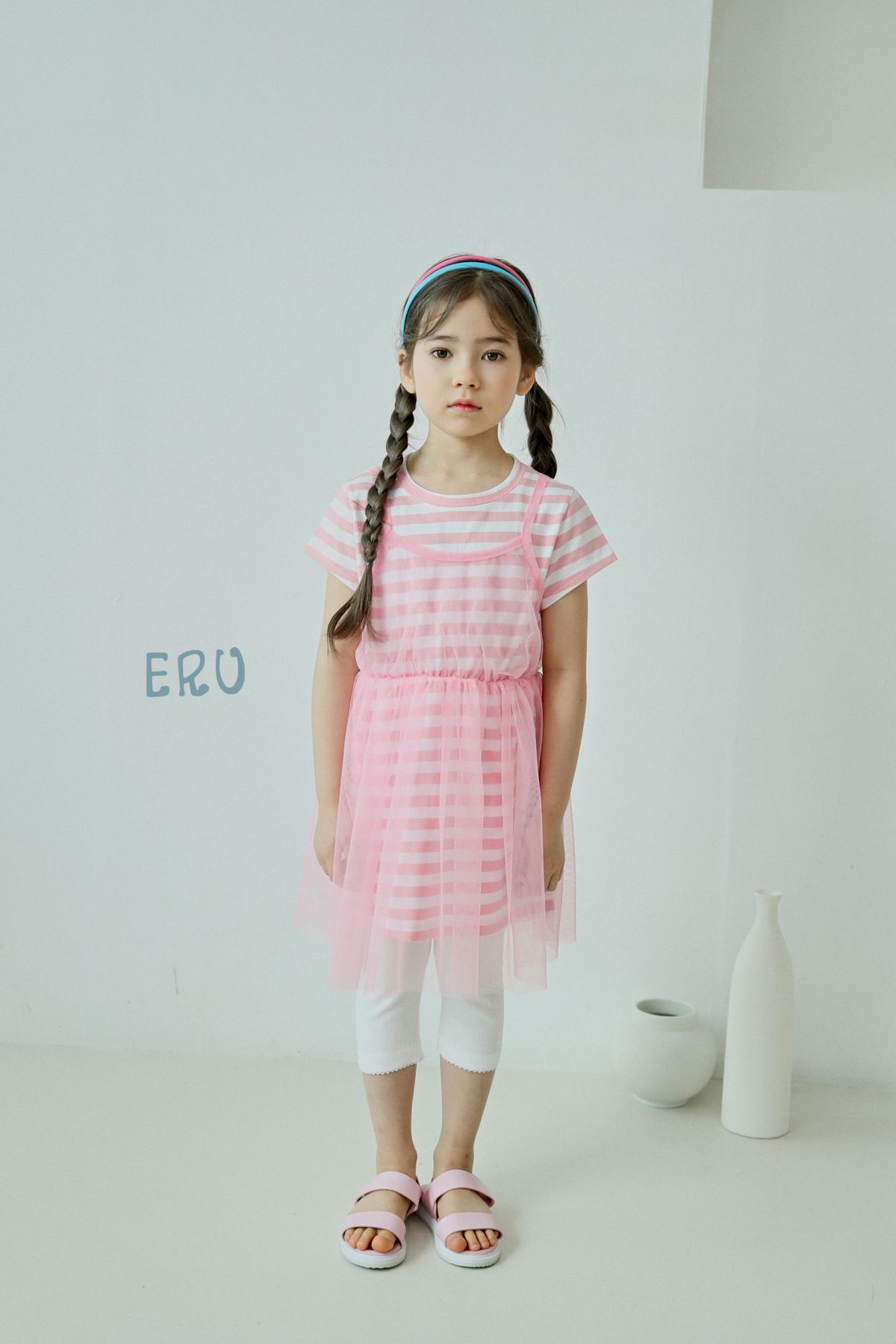 韓國 ERU - 假兩件條紋網紗洋裝-綠