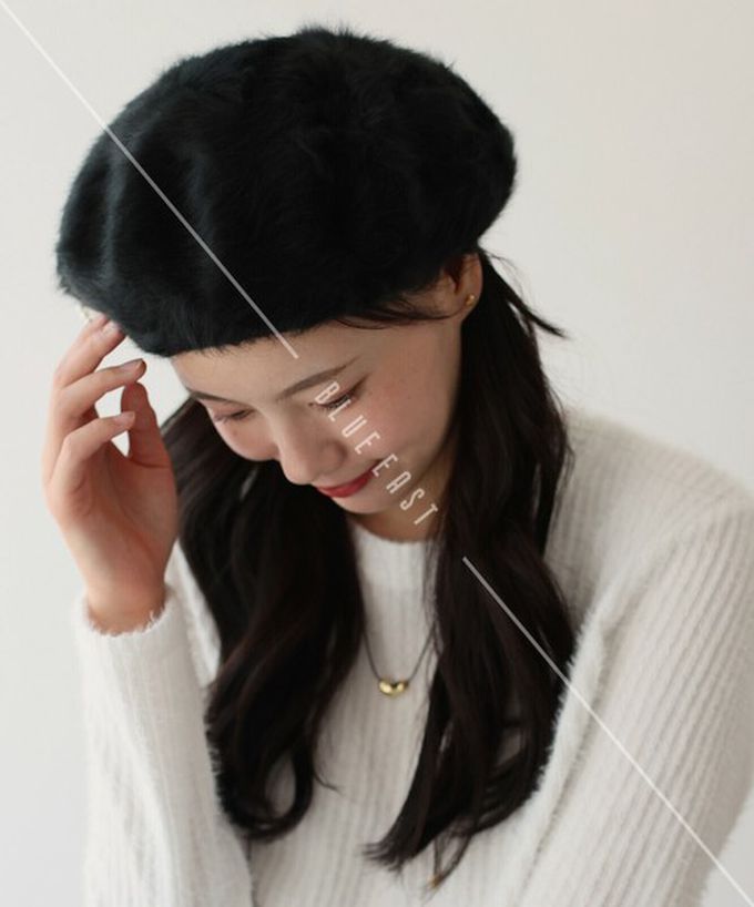 日本 BLUE EAST - 毛絨感珍珠裝飾美型貝蕾帽-灰