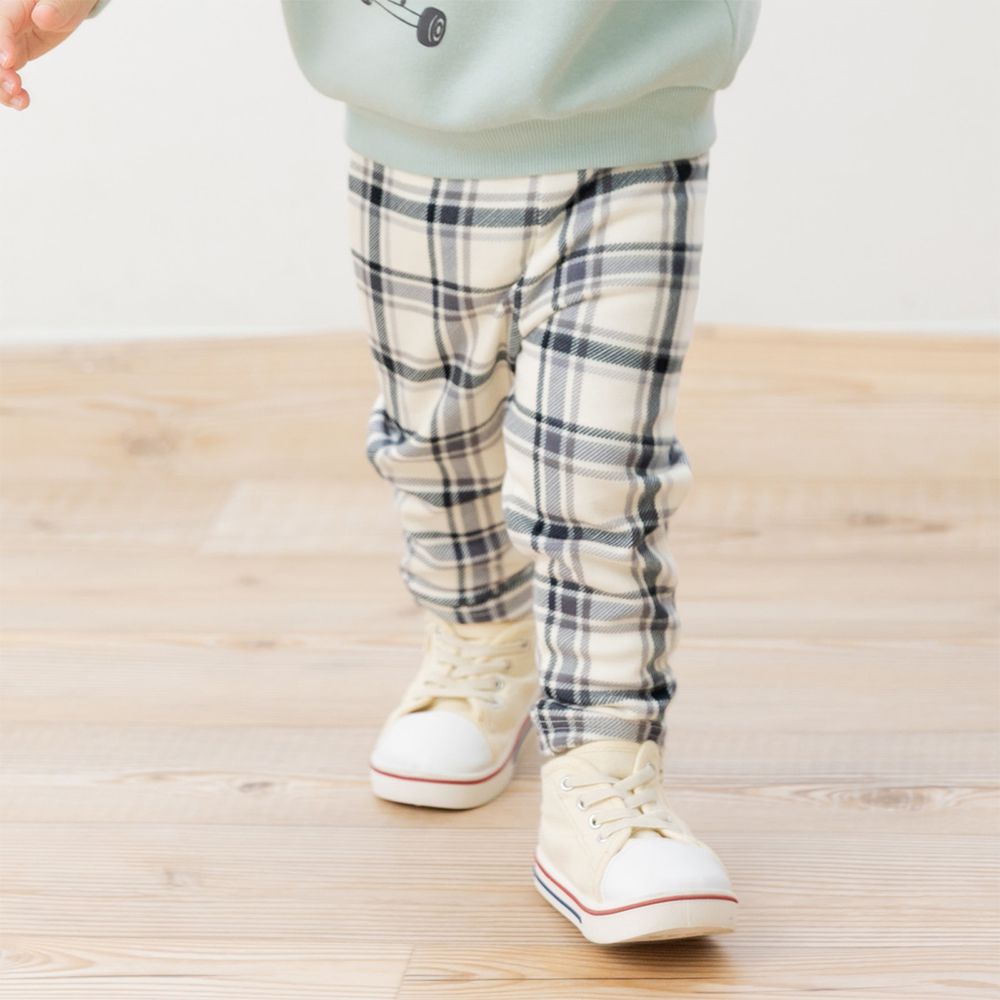 熱銷！刷毛保暖彈力合身長褲-格紋-米黑