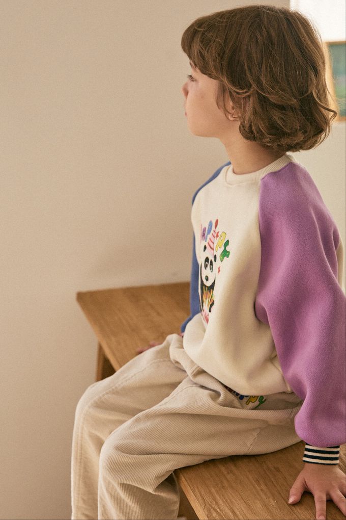 韓國 Mimico - (內磨毛)HAPPY熊貓雙色袖上衣-藍X紫