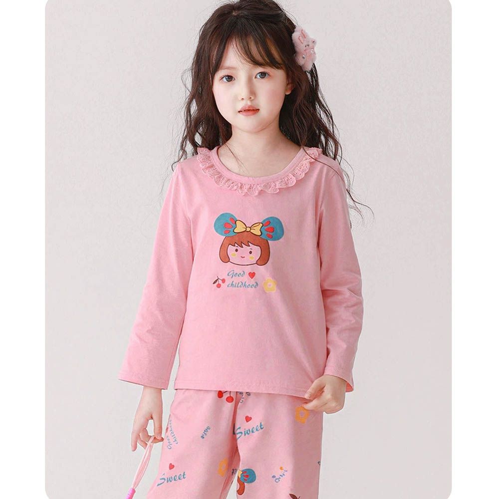 純棉花邊領長袖家居服套裝/空調服-蝴蝶結女孩-粉色