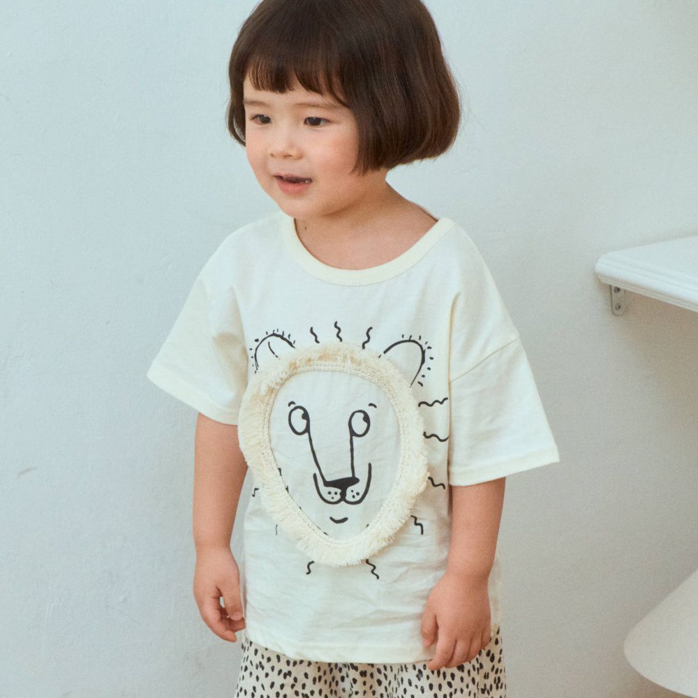 First Blue 立體毛毛獅子純棉短袖上衣-米白