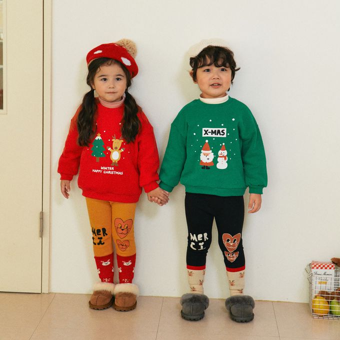 韓國 First Blue - (內磨毛)慶祝聖誕節長袖大學T-馴鹿與樹-紅