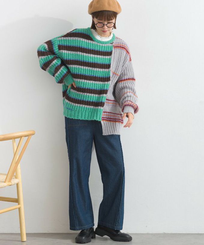 日本 Lupilien - 交錯明亮撞色條紋粗編毛衣-綠x灰系