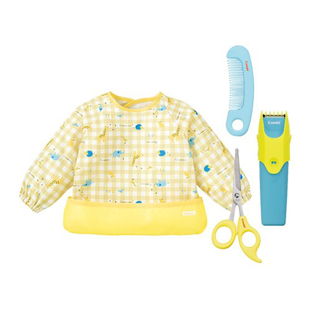 日本 Combi - 優質可水洗幼童電動理髮器+優質安全髮剪髮梳組+mini 食事圍兜組合-長袖款-動物園-奶油黃