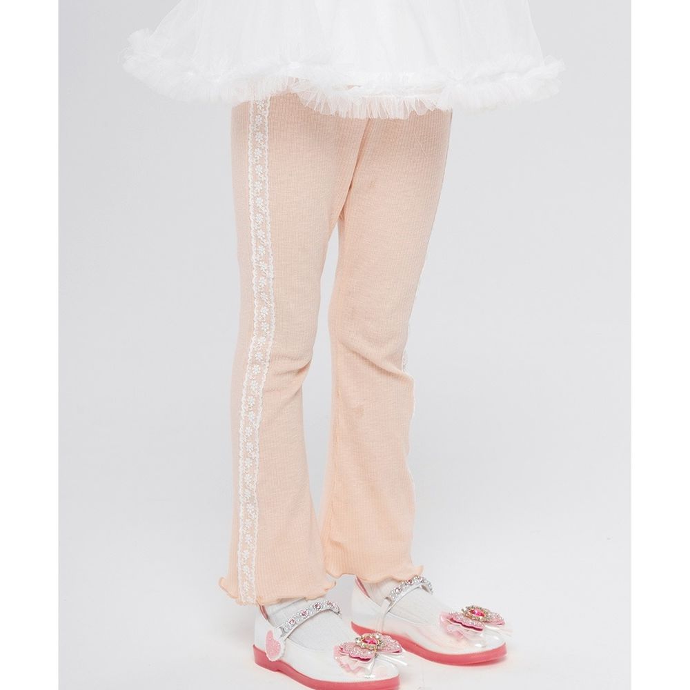 鬆緊腰蕾絲繡鑲邊彈力小喇叭褲-粉