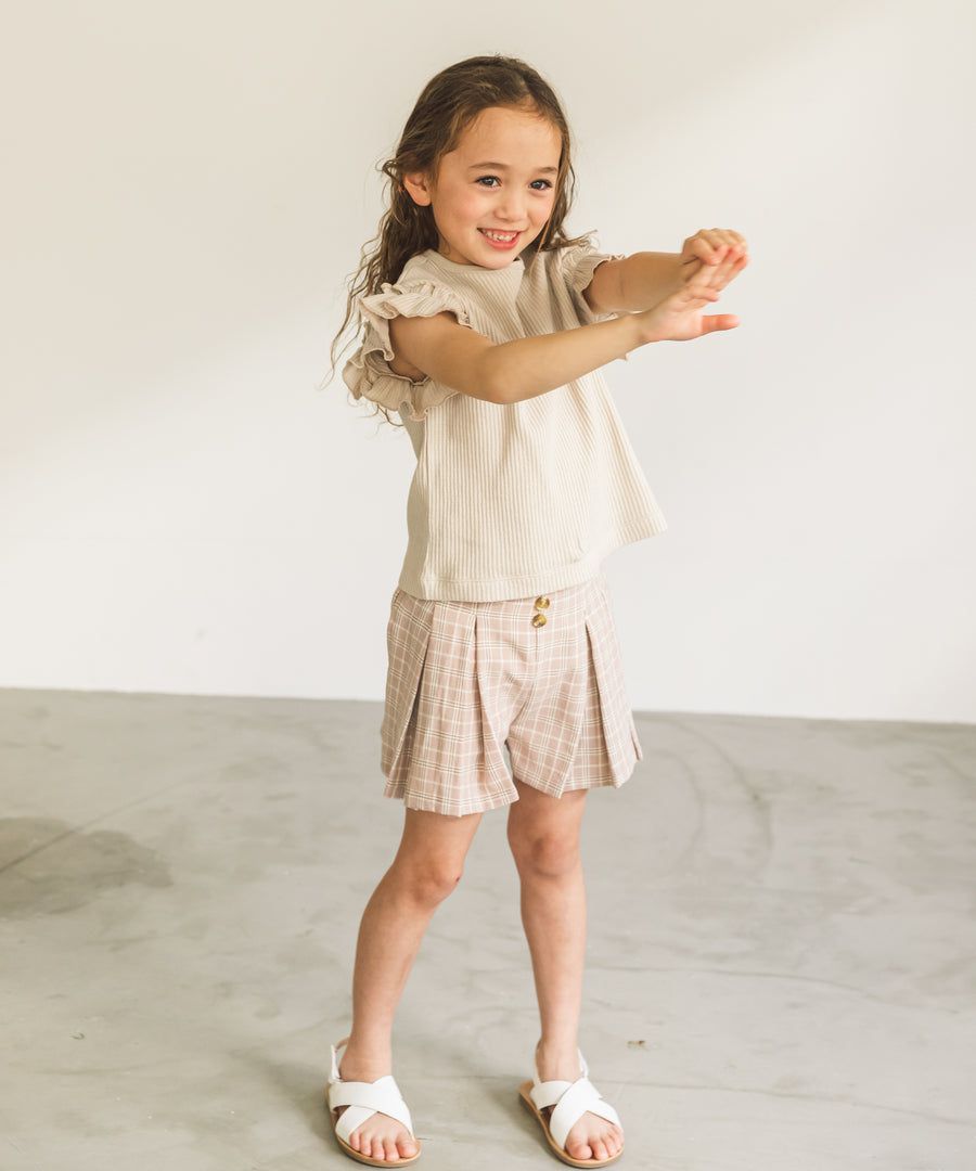 日本 PAIRMANON - 百摺造型排釦短褲裙-碎花-米