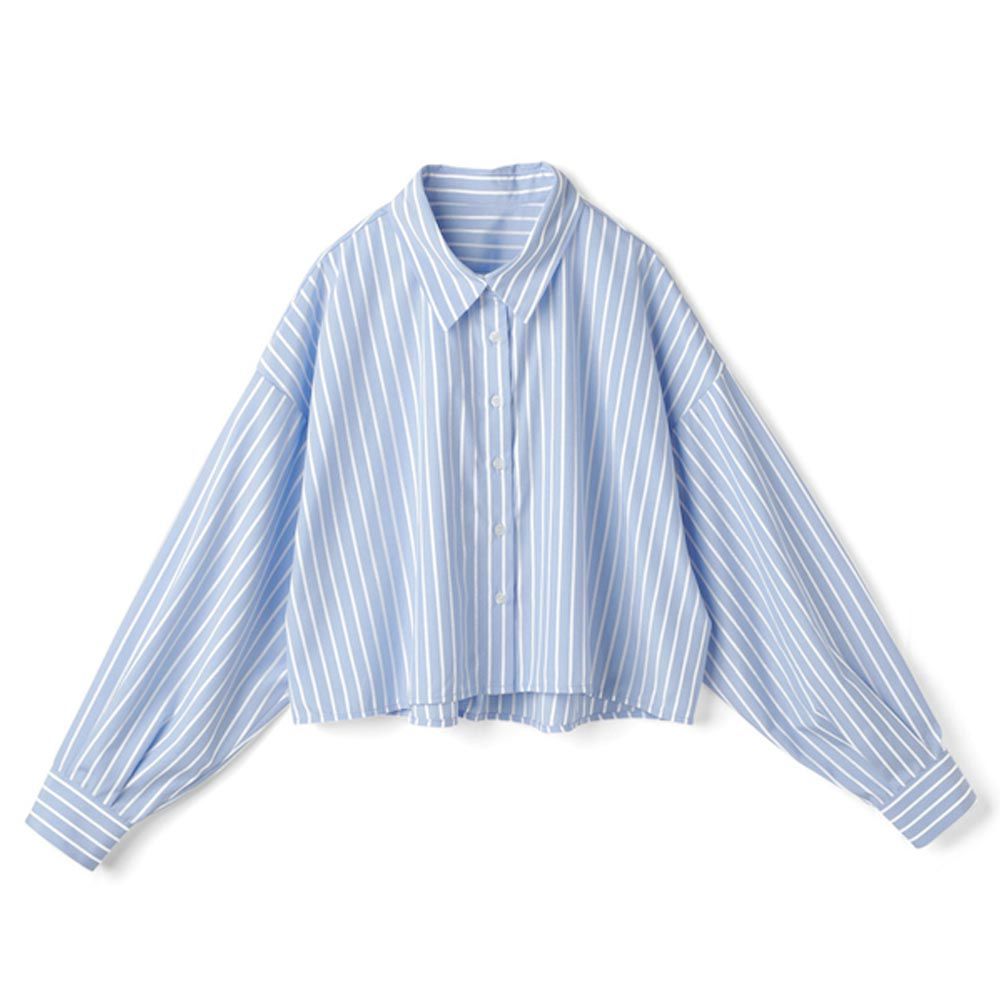 日本 GRL - 清新感條紋短版襯衫-水藍 (F)