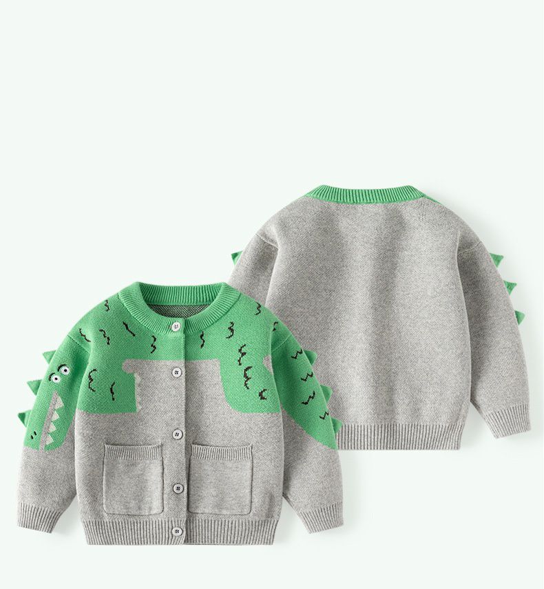 立體圓領針織排釦外套-鱷魚-灰+綠
