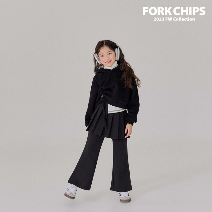 韓國 FORK CHIPS - 鬆緊腰裝飾百褶裙微喇叭長褲-黑
