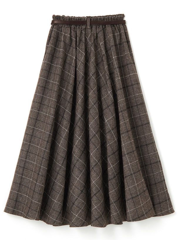 日本 GRL - 學院風格紋顯瘦傘裙/長裙(附皮帶)-深灰 (M)