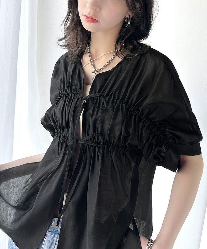 日本 Classical Elf - 前後2way皺折綁帶輕透罩衫上衣-灰杏