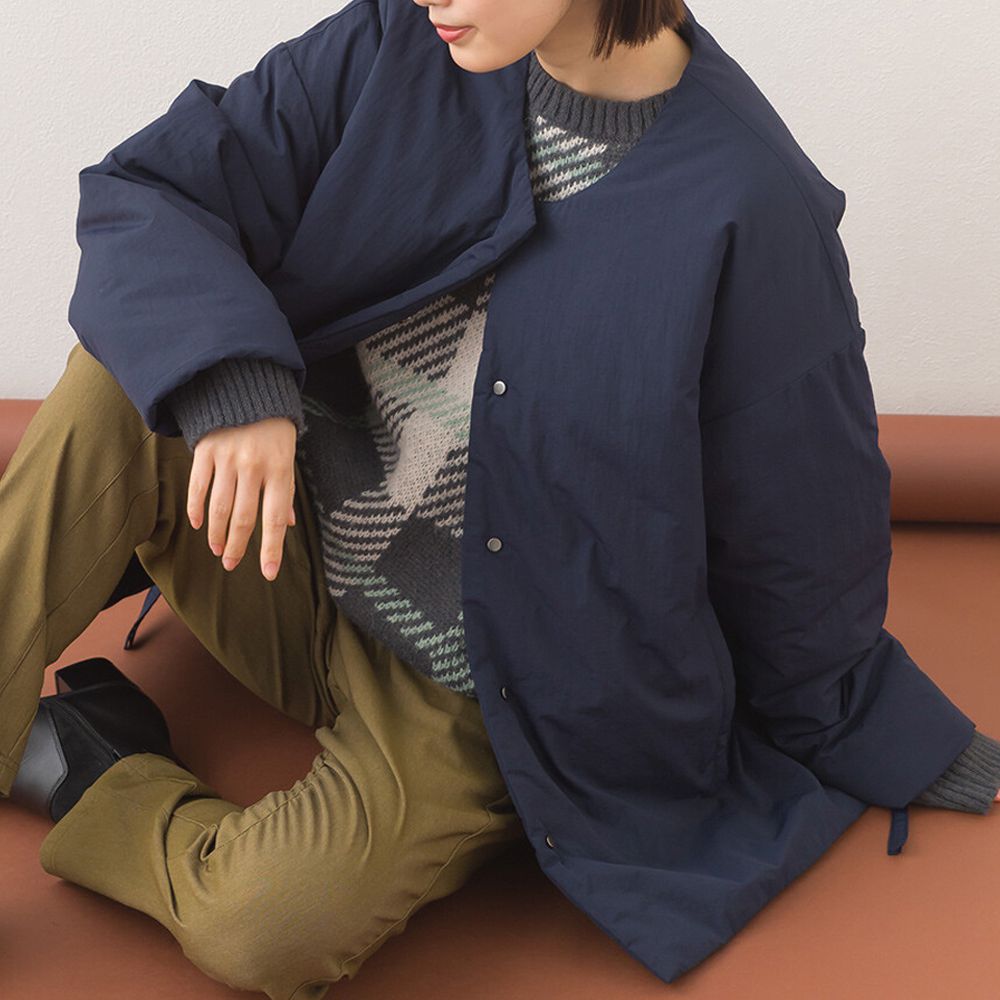 側拉鍊造型科技羽絨無領保暖外套-海軍藍