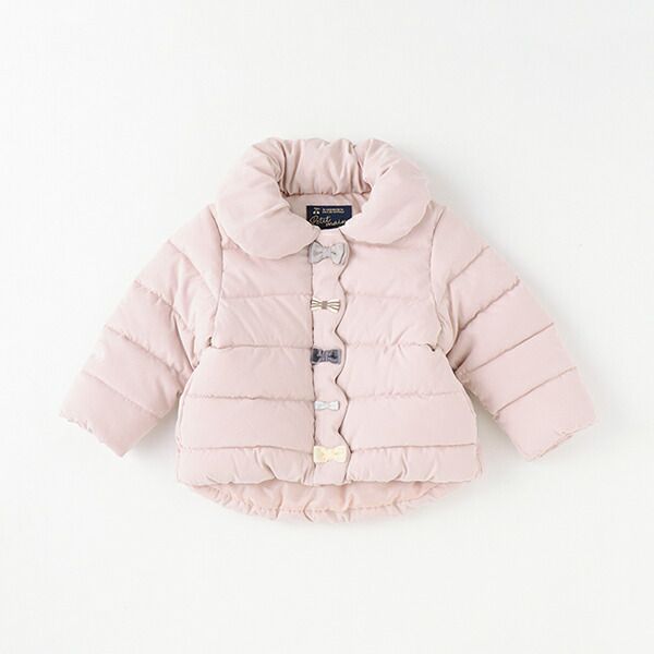 日本 petit main - 可愛蝴蝶結澎澎領鋪棉外套-粉紅