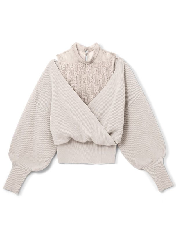 日本 GRL - 蕾絲緹花羅紋泡泡袖針織上衣-淺灰杏