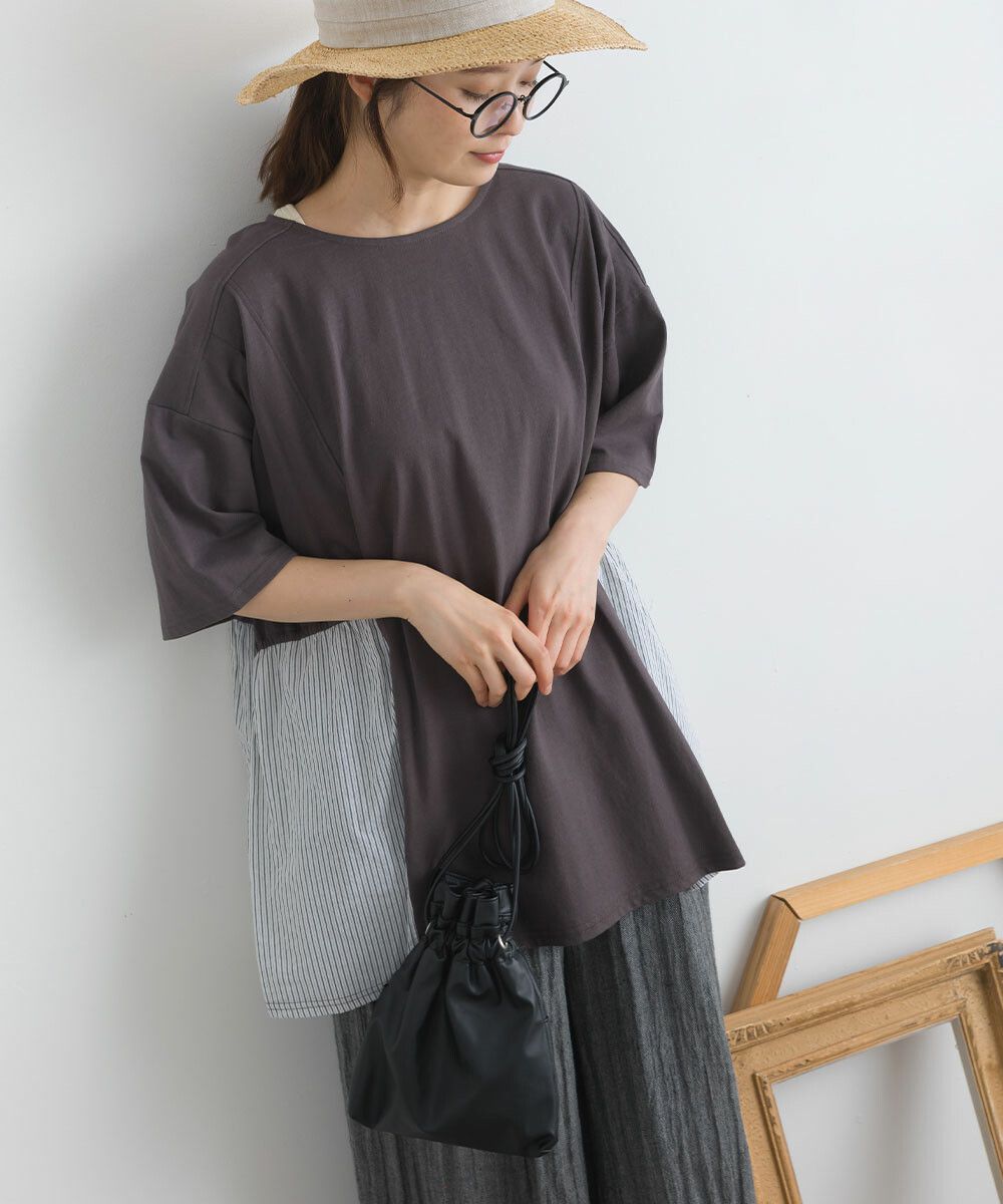 日本女裝代購 - 16支天竺棉拼接五分袖上衣-米白