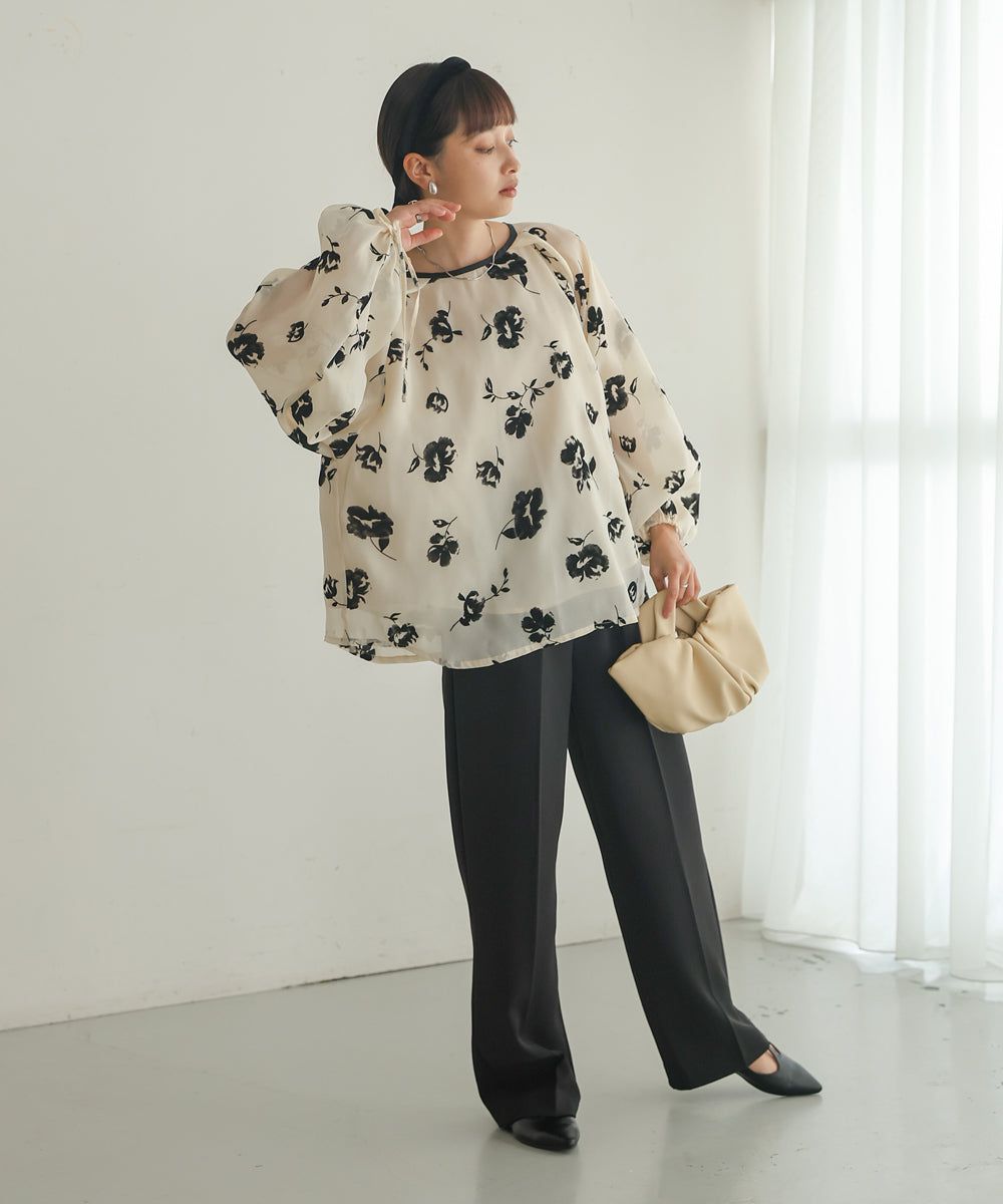 日本 Bab - 緹花透感泡泡長袖上衣-黑