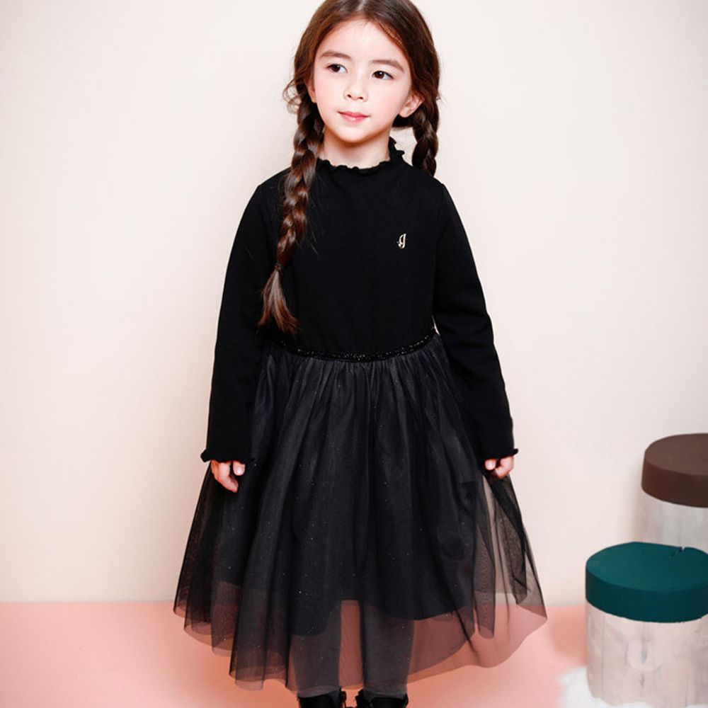 韓國 Jelispoon - (內刷毛)黑天鵝網紗拼接洋裝