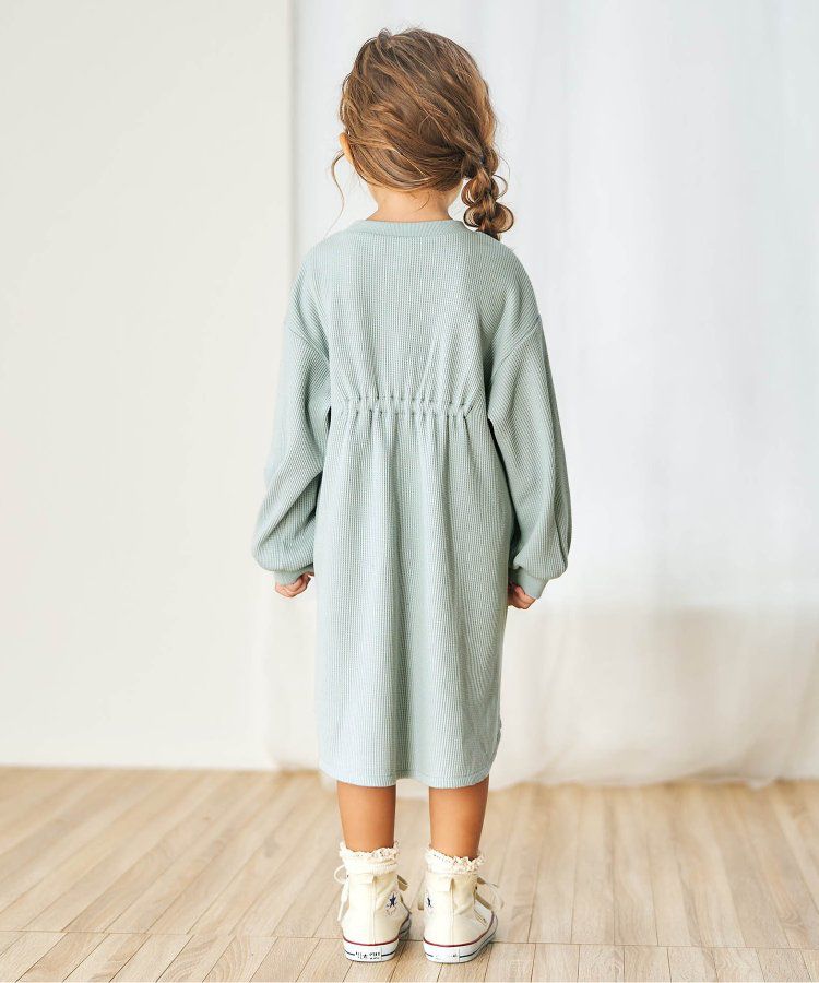 日本 apres les cours - 甜美華夫格長袖洋裝-緞帶裝飾-薄荷綠