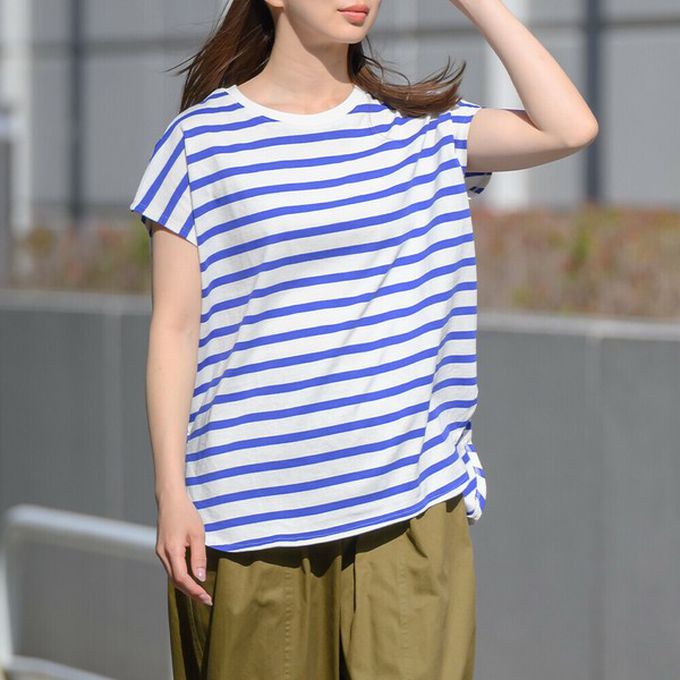 日本 OMNES - 接觸冷感 純棉不易皺法式袖上衣-粗條紋-黑x白