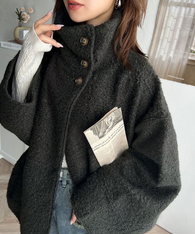 日本 Classical Elf - 玳帽扣時尚立領廓形毛絨大衣-炭灰