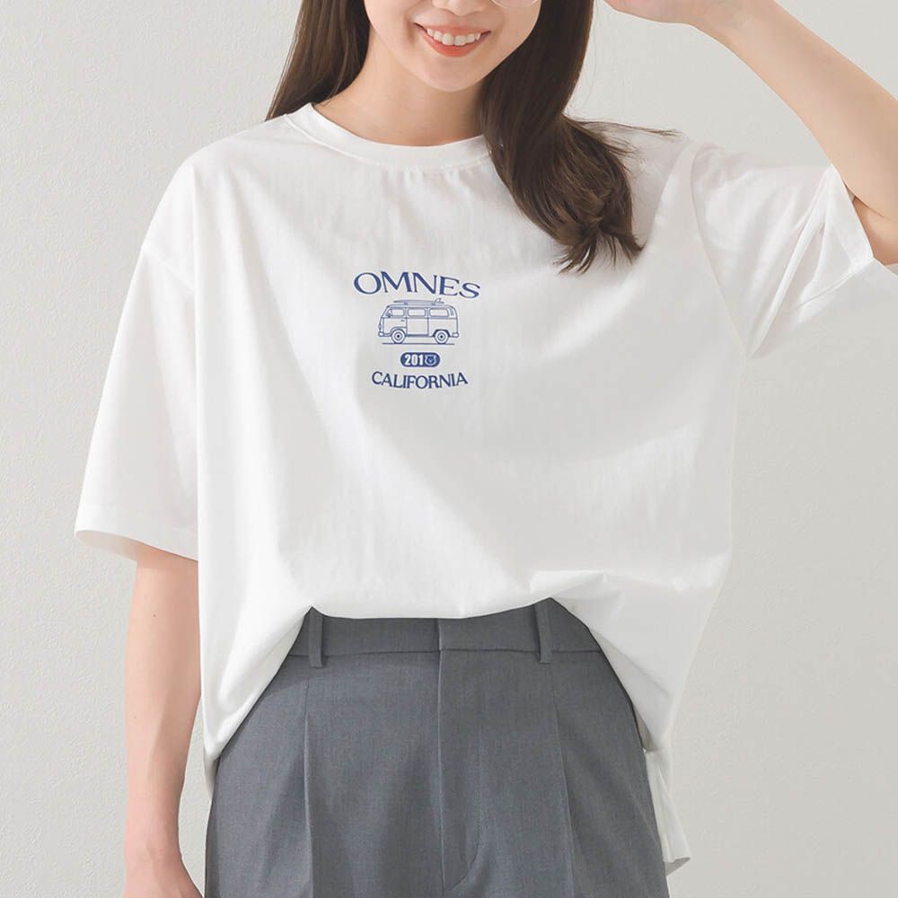 純棉印花休閒短袖上衣-加州露營車-白