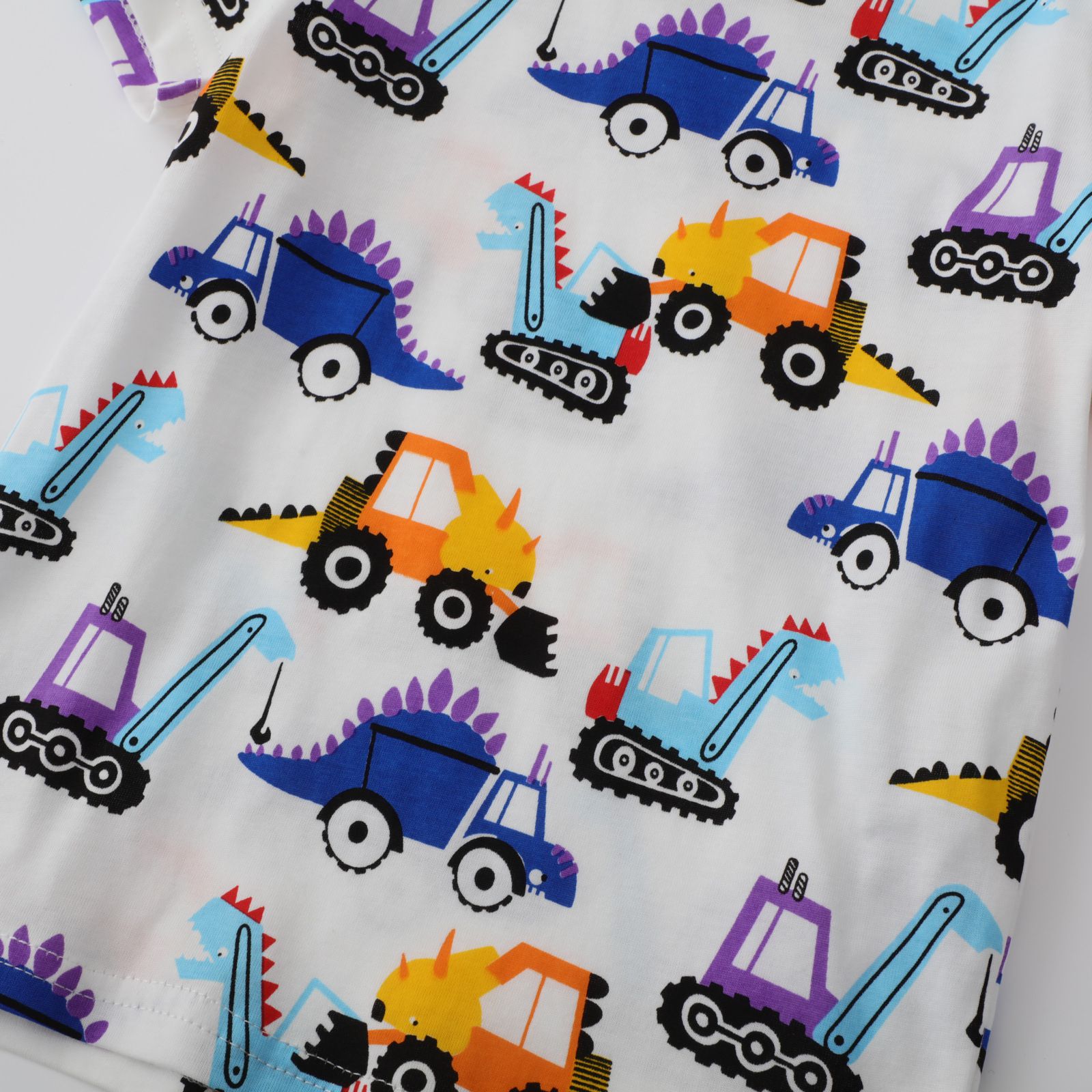 Jumping meters - 棉質圓領短袖上衣-恐龍工程車-白色