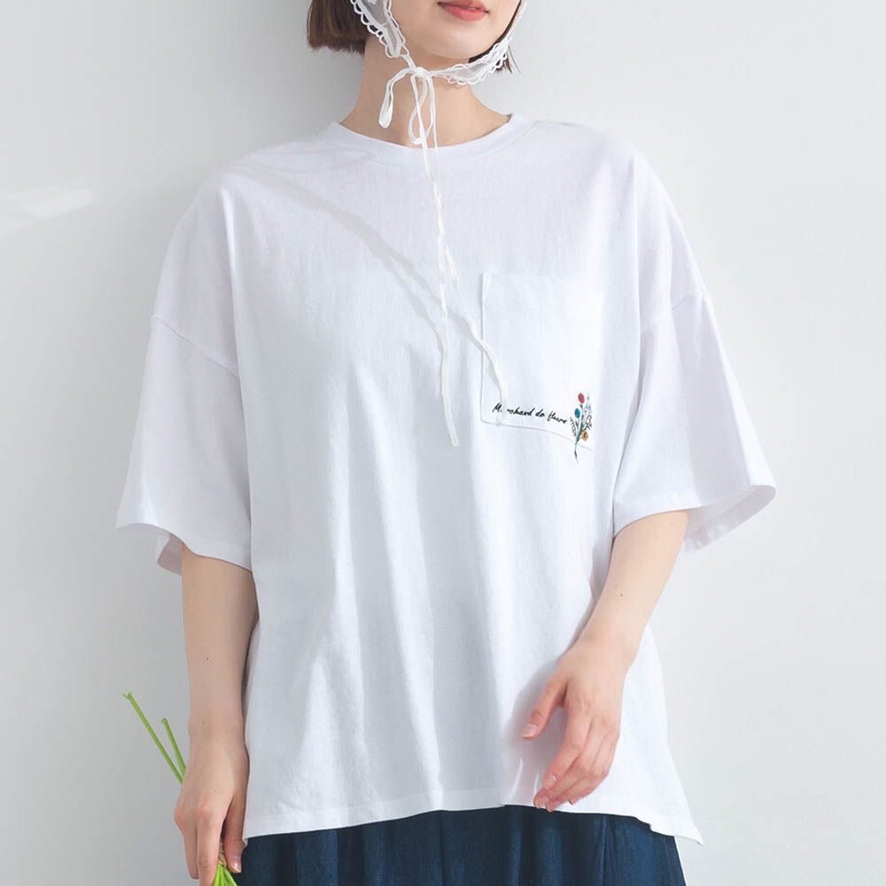 16OE天竺棉 俏皮刺繡五分袖上衣-花束-白