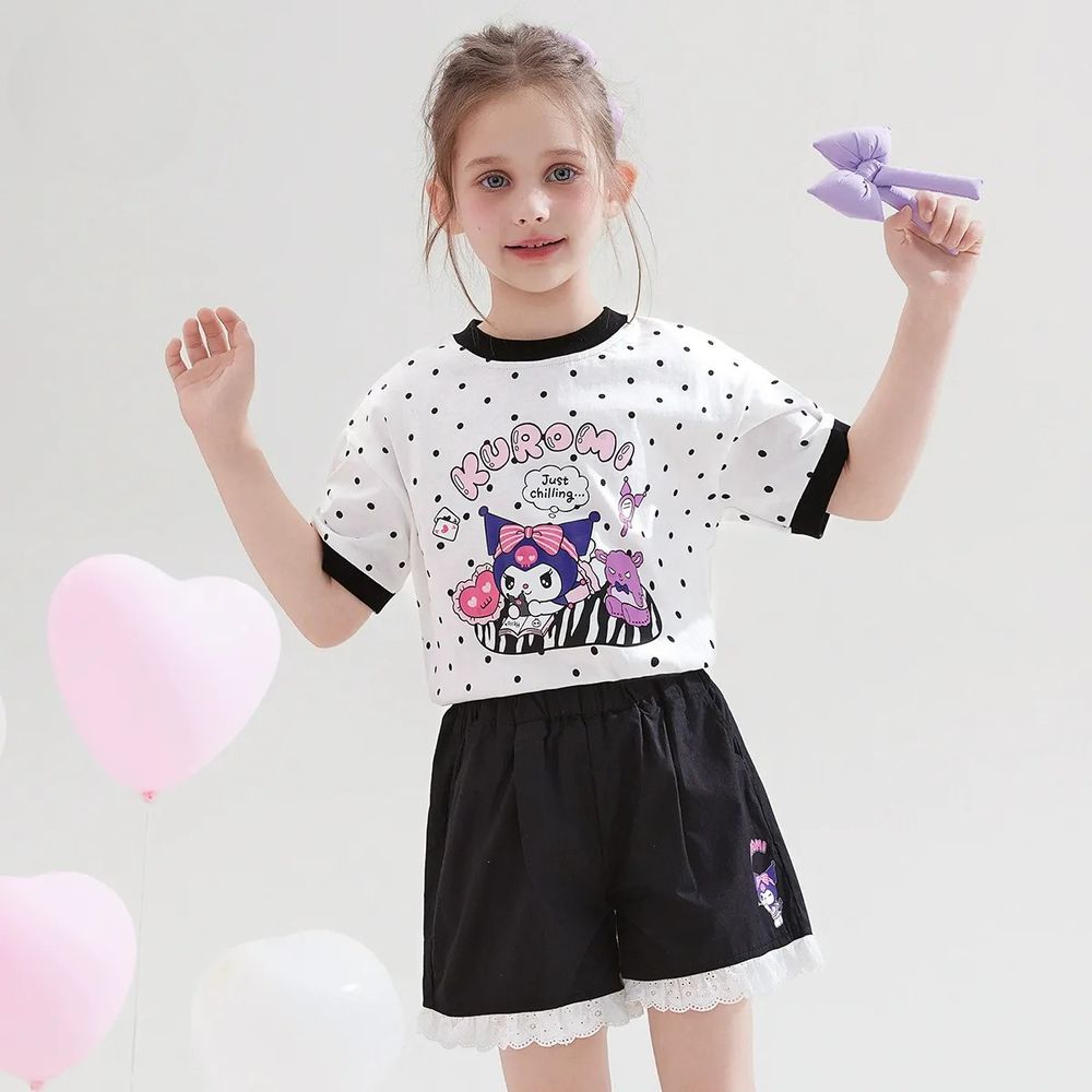 撞色短袖上衣+蕾絲花邊短褲套裝-卡通人物酷洛米-黑色