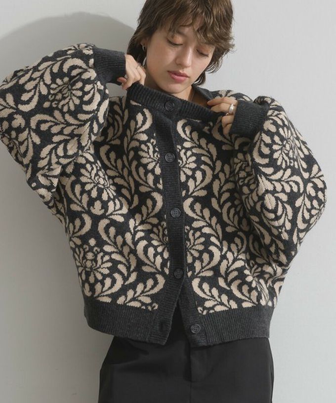 日本 Lupilien - 盛開花卉針織寬袖開襟衫/外套-橄欖綠