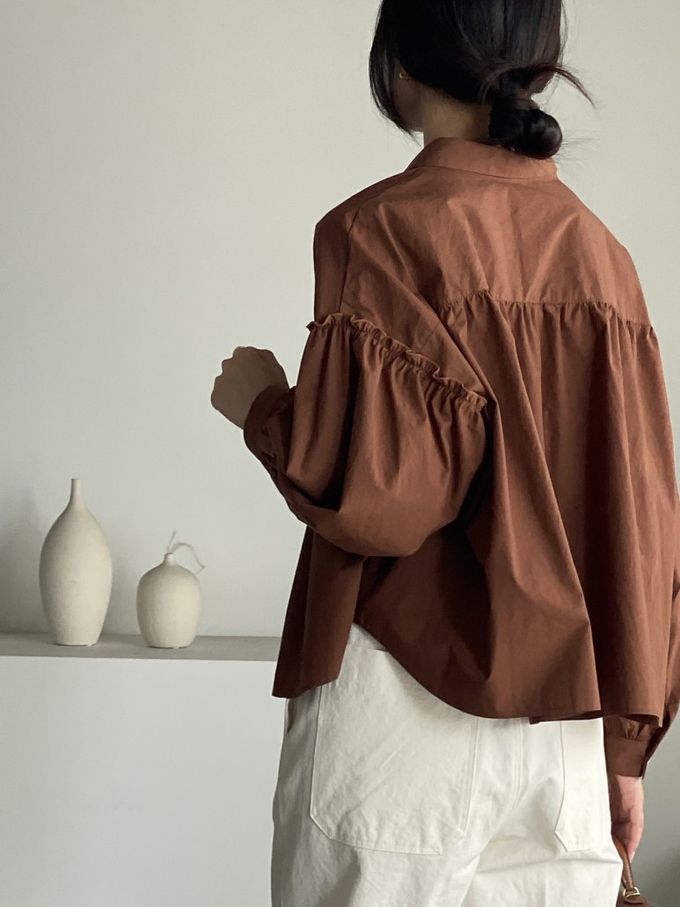 韓國女裝連線 - 極簡拼接翻領長袖襯衫-咖啡紅 (FREE)