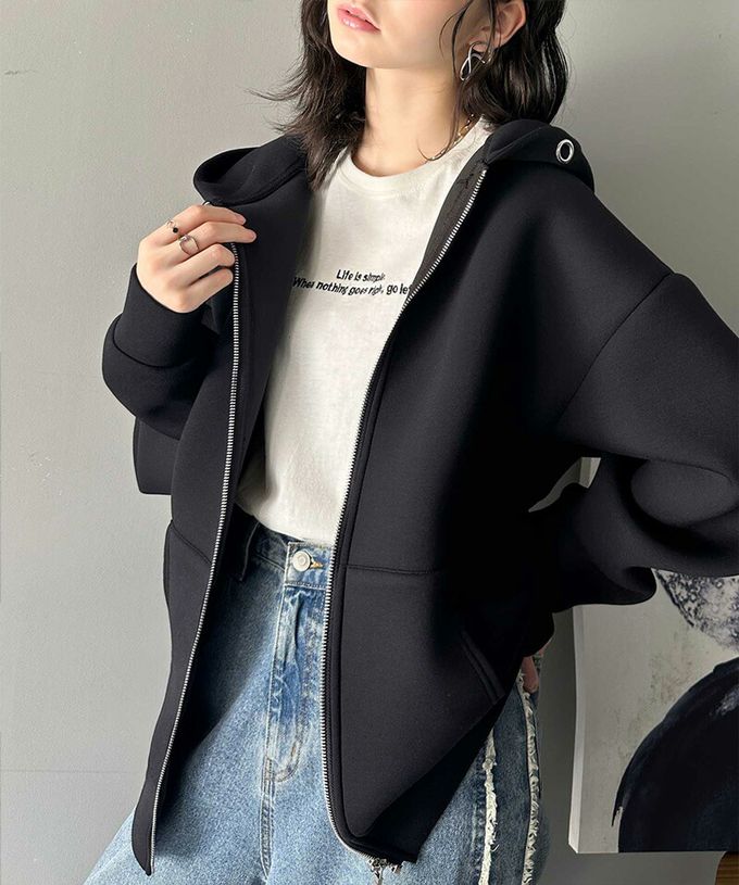 日本 Classical Elf - 厚磅簡約休閒長版連帽外套-黑