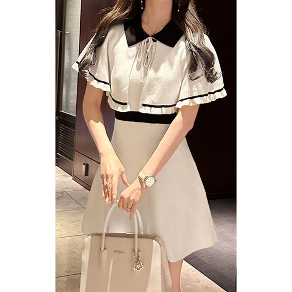 簡約配色俏麗迷你短洋裝-(附可拆斗篷領)-象牙