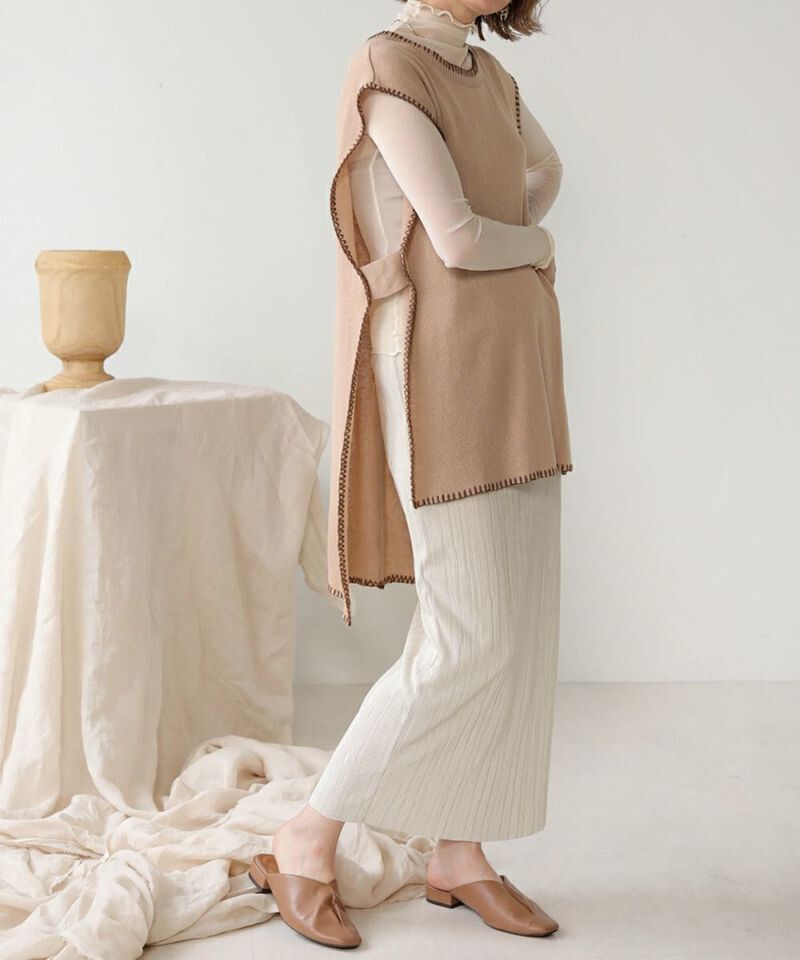 日本 Bou Jeloud - 縫線撞色設計長版針織背心-灰綠