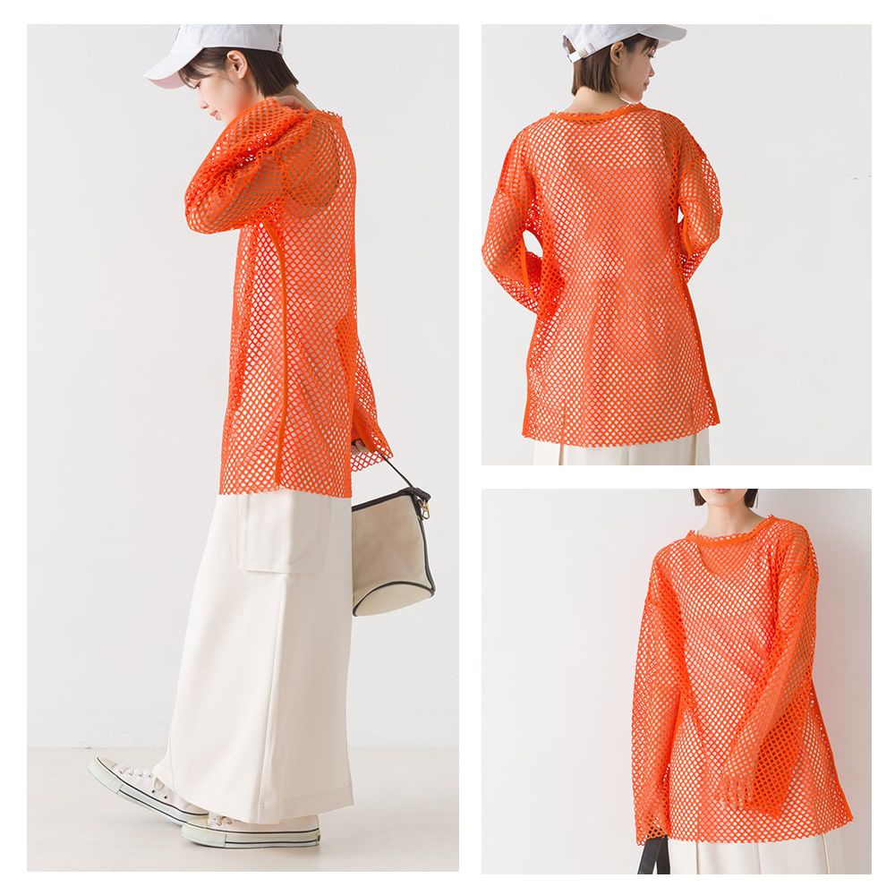 日本 OMNES - 日系鏤空漁網長袖罩衫-草地綠