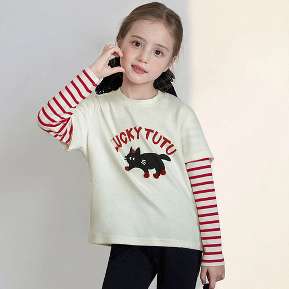 層次感假兩件長袖上衣-可愛貓貓-米杏色