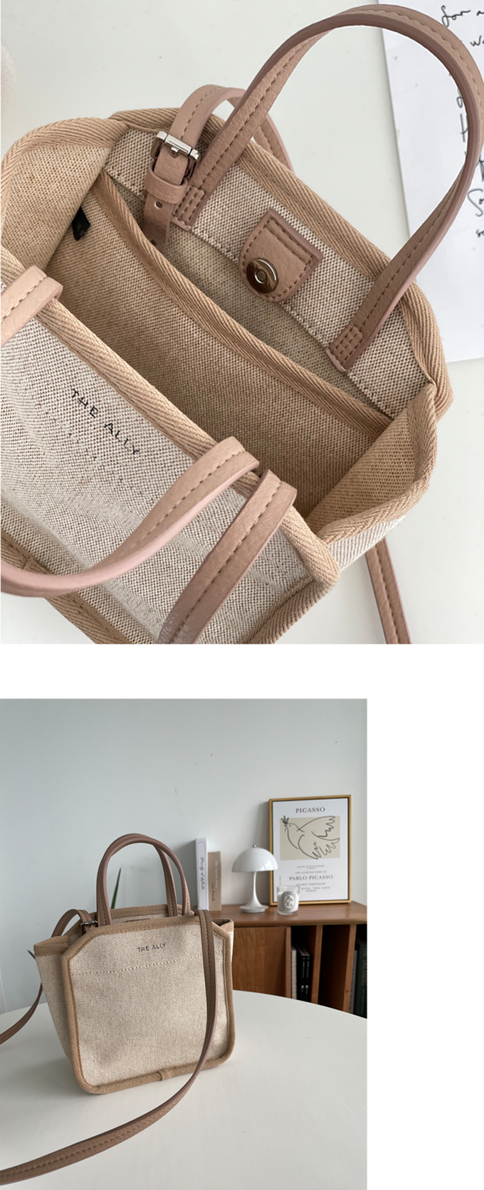 韓國 THEALLY - 質挺帆布方包手提/肩背包-牛奶糖 (迷你)
