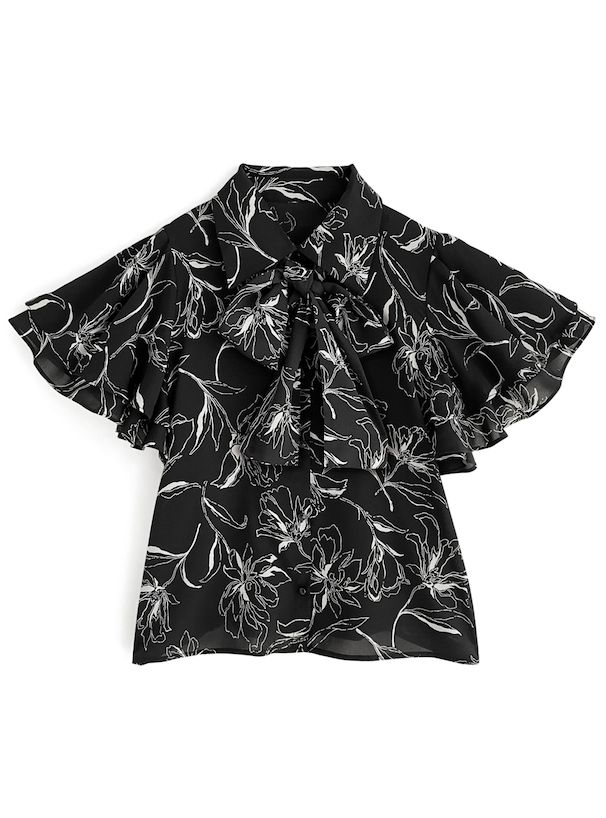 日本 GRL - 花朵線條蝴蝶結雪紡短袖上衣-簡約黑