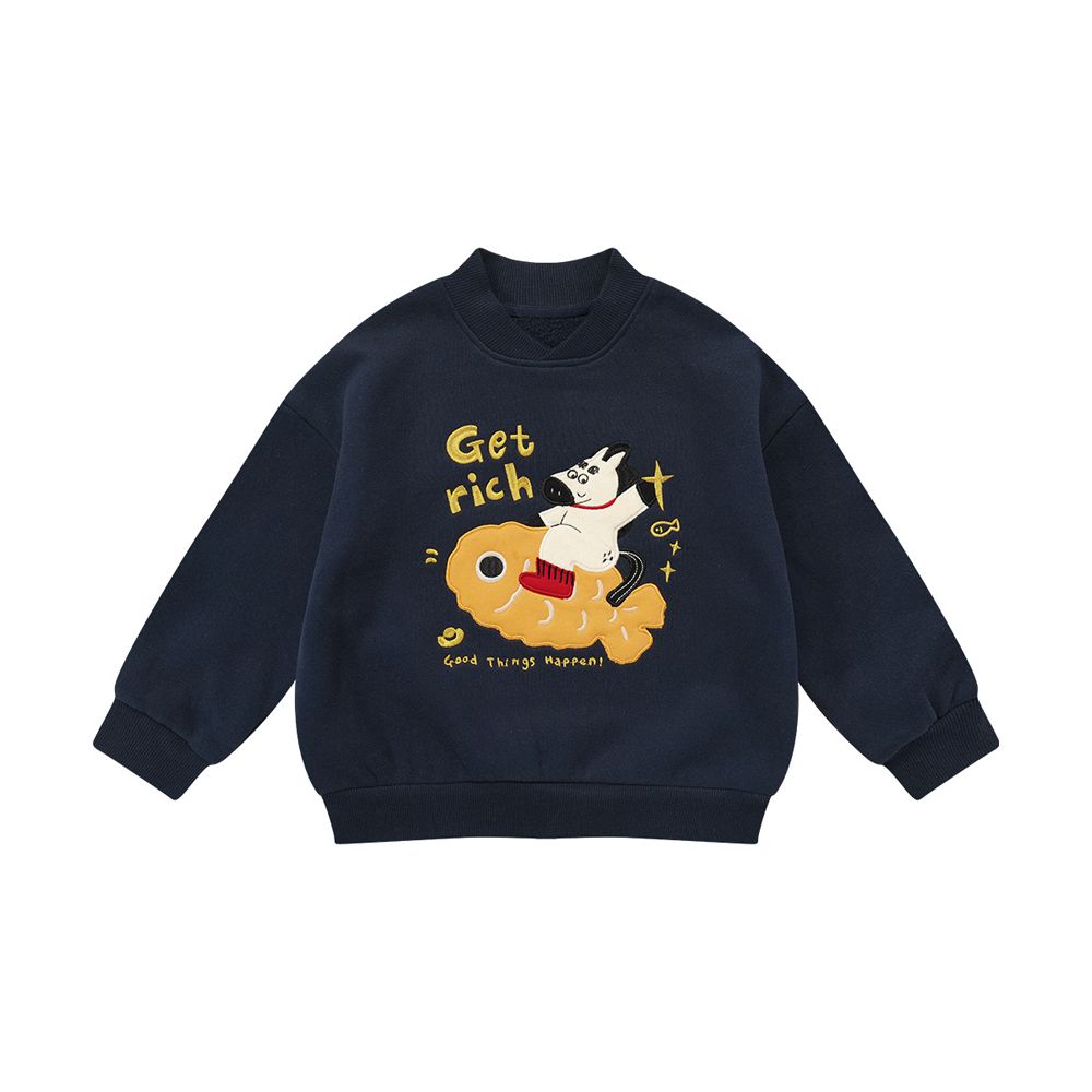 內刷絨造型領長袖上衣-馬年有餘-藏青