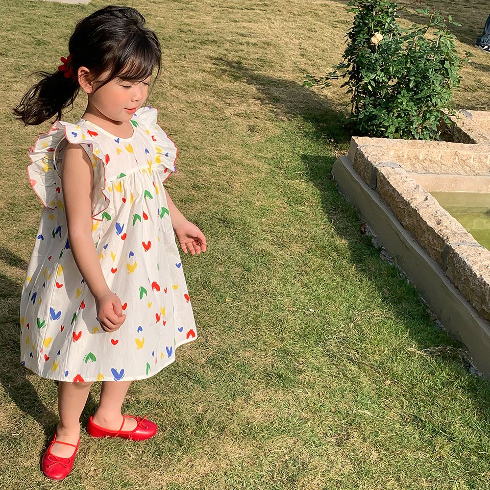 浪漫荷葉袖棉質連身洋裝-繽紛愛心-白色