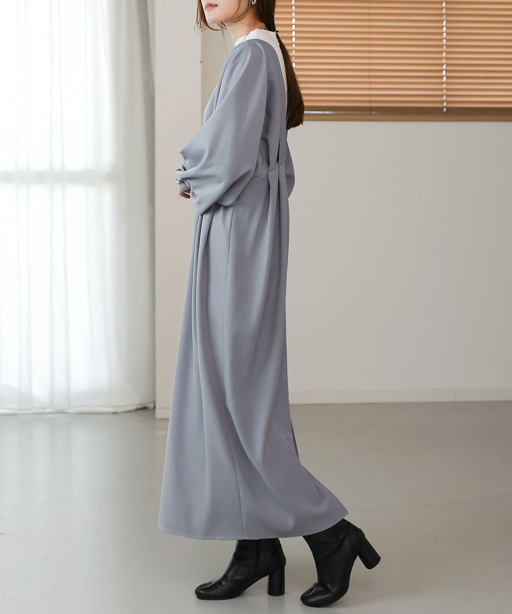 日本 Bab - 大V領拼接唯美歐風長袖洋裝-灰藍
