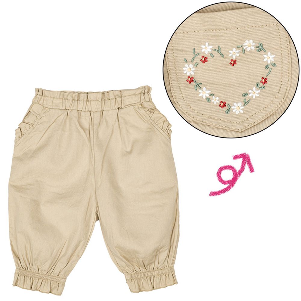 7分褲-口袋刺繡-淺卡其