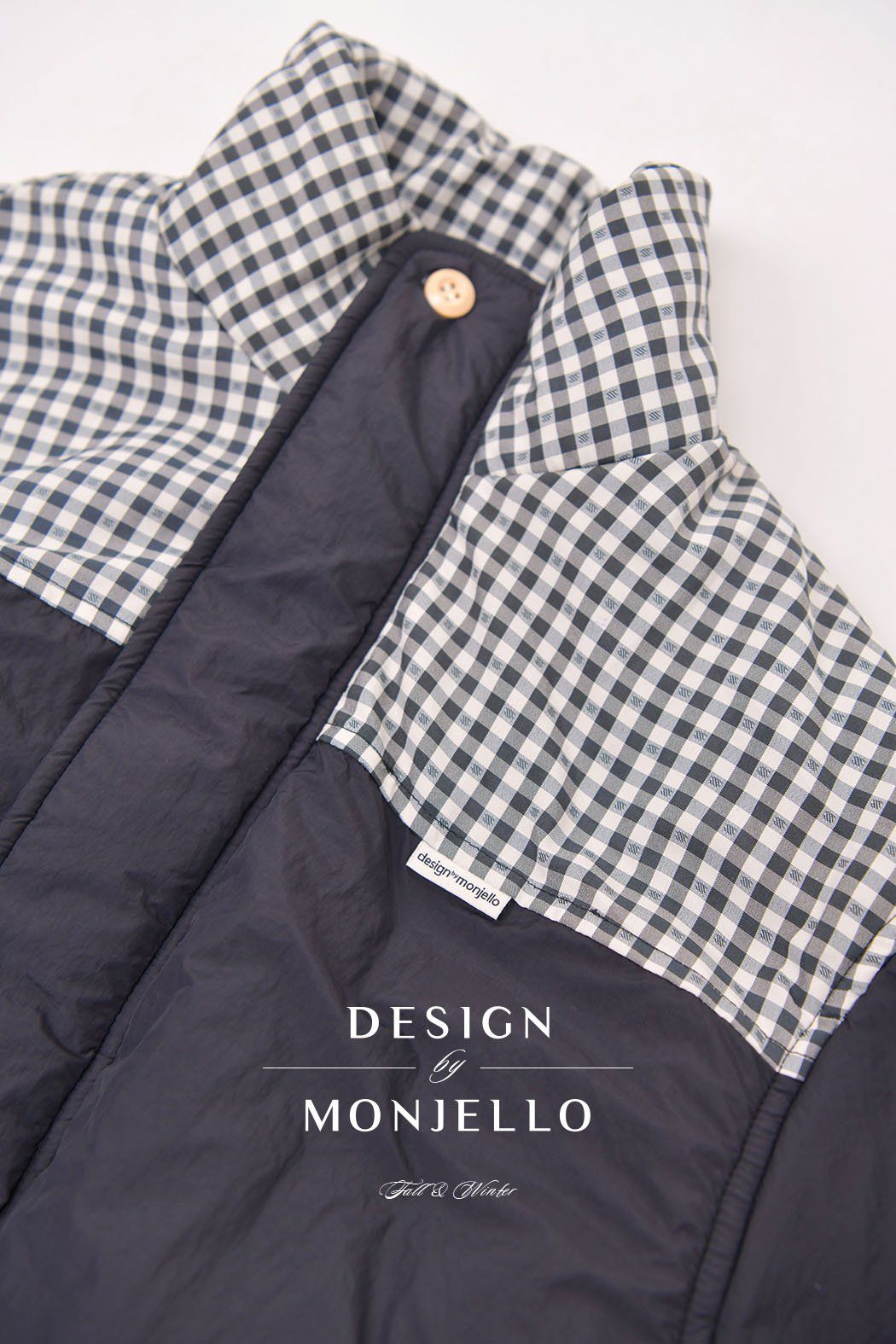 韓國 MONJELLO - 格子點綴拉鍊立領鋪棉外套-粉