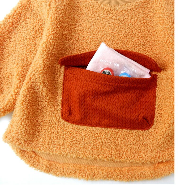 日本 ZOOLAND - 圓領泰迪熊刷毛長袖上衣-百寶袋-淺灰杏