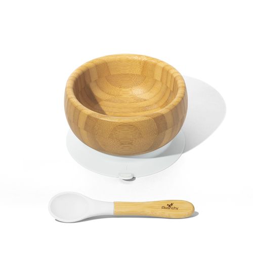 Avanchy - 有機竹製吸盤式餐碗套裝-附有機竹製矽膠湯匙-短柄-白