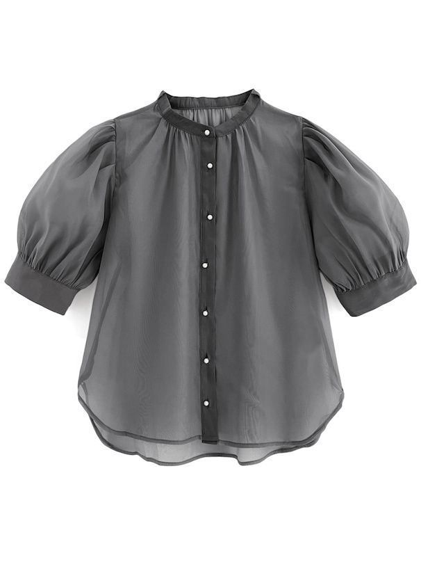 日本 GRL - 優雅光澤感蝴蝶結短袖襯衫-石墨灰 (F)