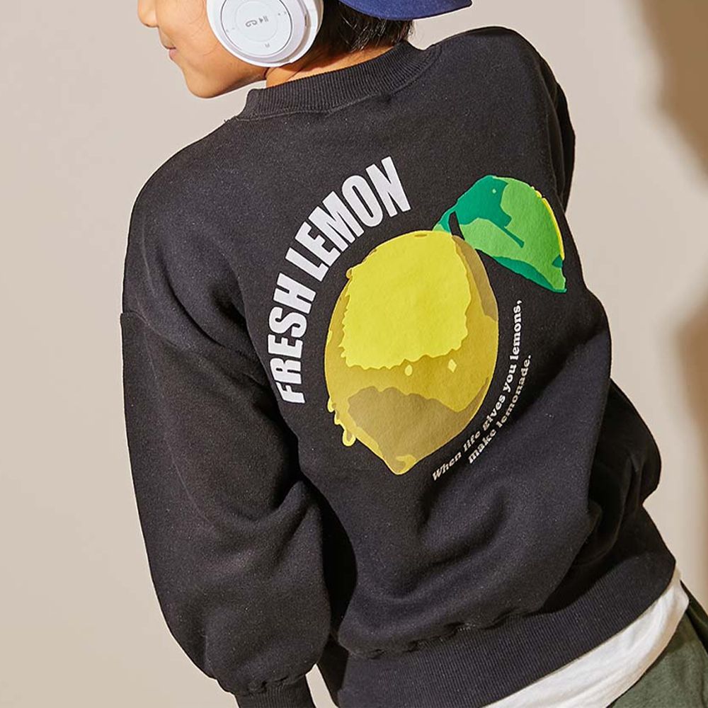 裏起毛個性印花大學T-巨大檸檬-黑