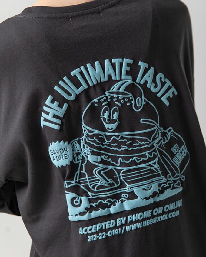 日本 gleam - 俏皮美式漢堡泡棉印花長袖T恤-白x綠