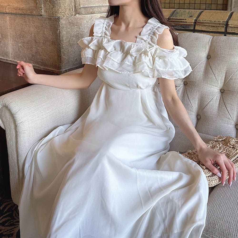 浪漫多層荷葉露肩飄逸感洋裝-白